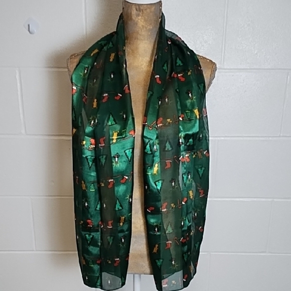Dark Green Silk Feel Christmas Print Long Scarf 58"x13" - Picture 1 of 6